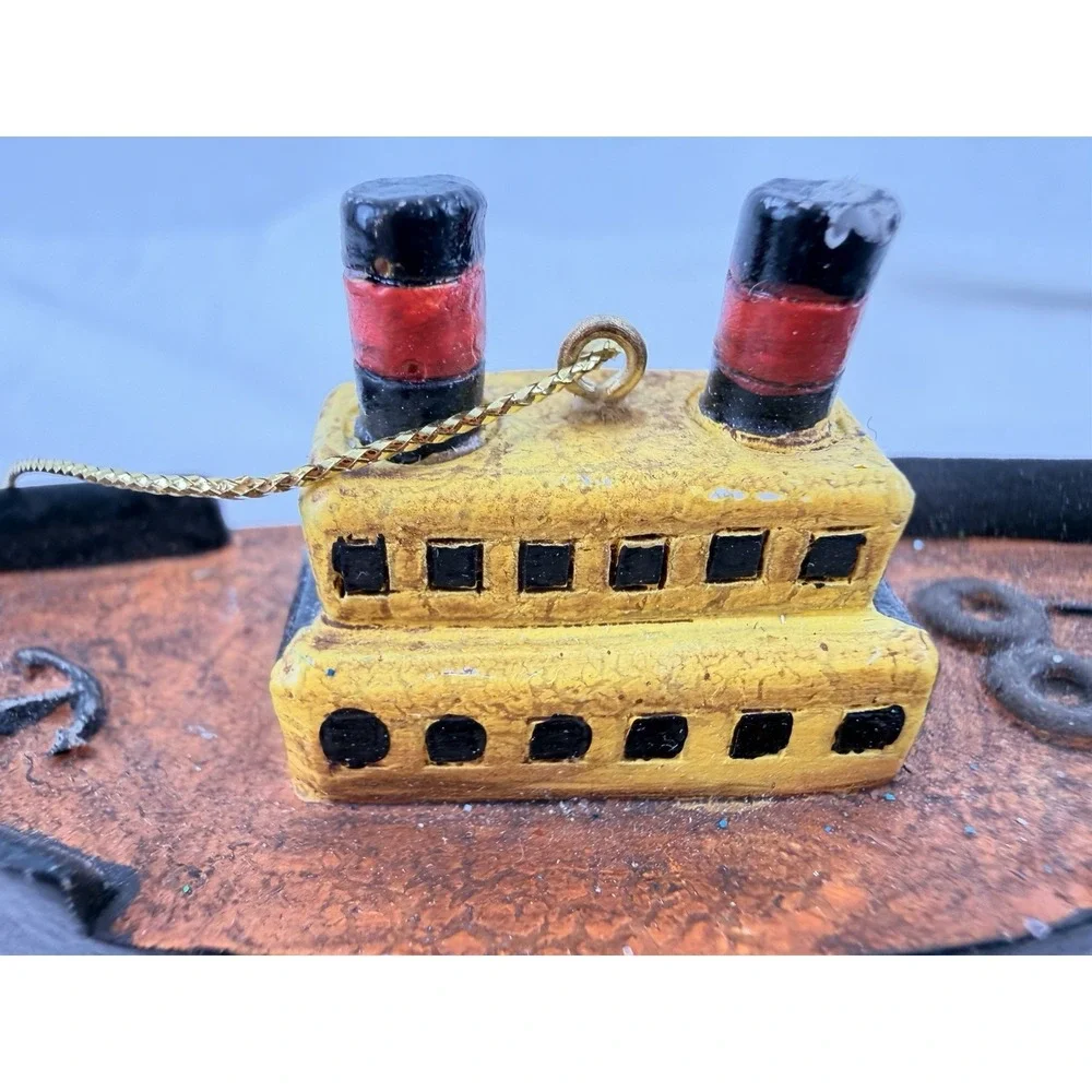 Vintage Hand Carved Wood Tugboat Ornament Folk Art‎ Nautical Boat